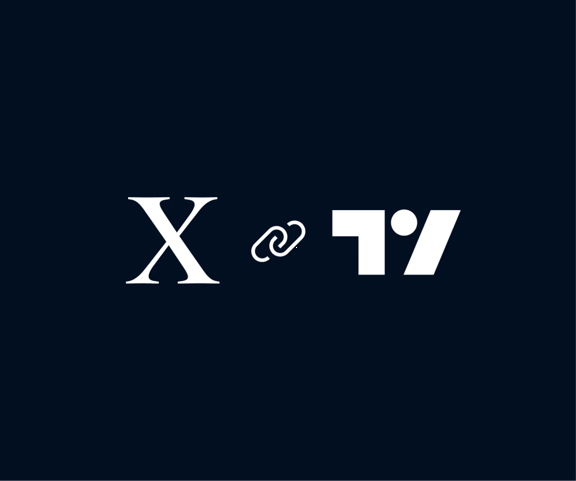 TradingView and X partnership logo displayed on a dark blue background with a linking symbol between both brand logos. Corporate partnership graphic representing integrated market analysis, charting tools, and social platform connectivity for traders.