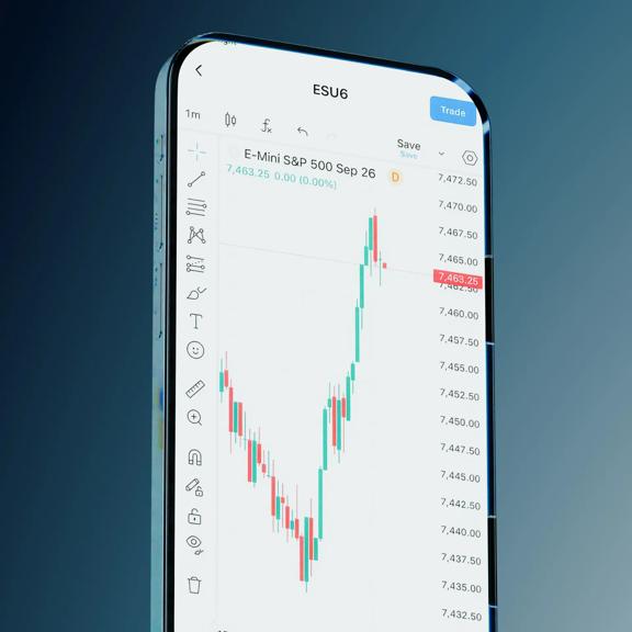 Mobile trading platform displaying an upward financial market price chart