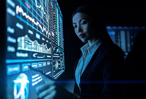 Professional woman with finger touching large screen