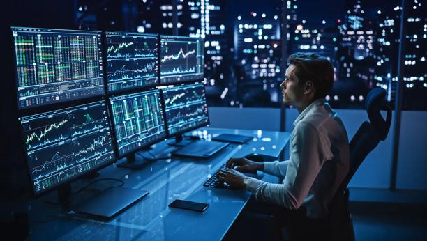 Financial professional monitoring multiple trading screens for securities lending operations