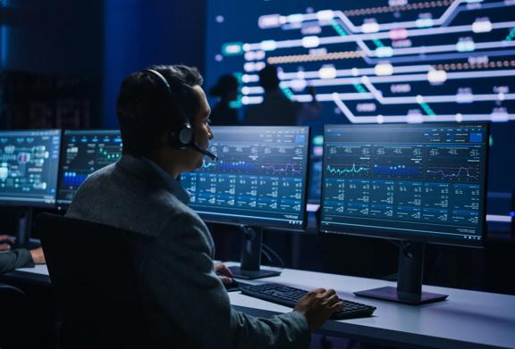 Professional man working in front of a row of screens