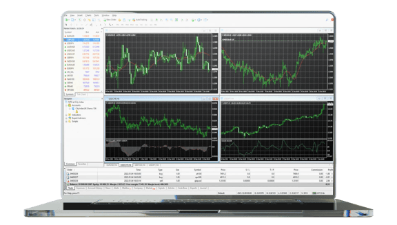 MT4 (MetaTrader 4) trading platform on laptop screen showing 4 financial charts