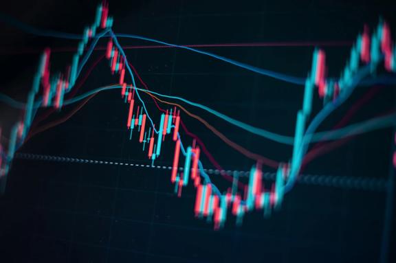 Digital screen showing candlestick chart with trend lines
