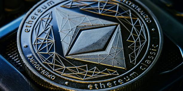 Close-up of an Ethereum coin featuring the cryptocurrency logo and geometric blockchain-inspired patterns.