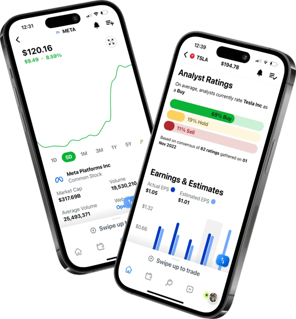 Mobile trading app showing stock performance for Meta and analyst ratings for Tesla on two smartphones.