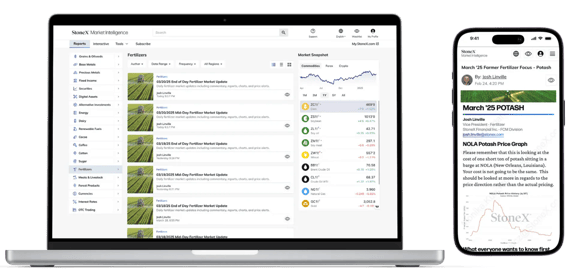 Laptop screen displaying StoneX Market Intelligence platform with Fertilizers Insight
