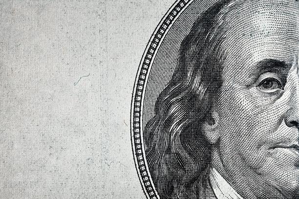 Close-up of Benjamin Franklin portrait on US one hundred dollar bill