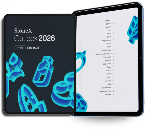 StoneX Outlook 2026 report displayed on two tablets, showing the cover and contents page with blue abstract graphics.