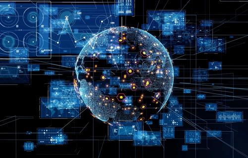 Digital globe surrounded by data charts, analytics dashboards, and network connections representing global technology and markets