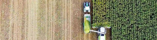 Aerial view of farmland with tractor harvesting crops, symbolizing agriculture and food production