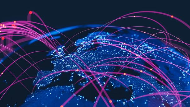 Abstract metaverse globe with neon colored lights and networks.
