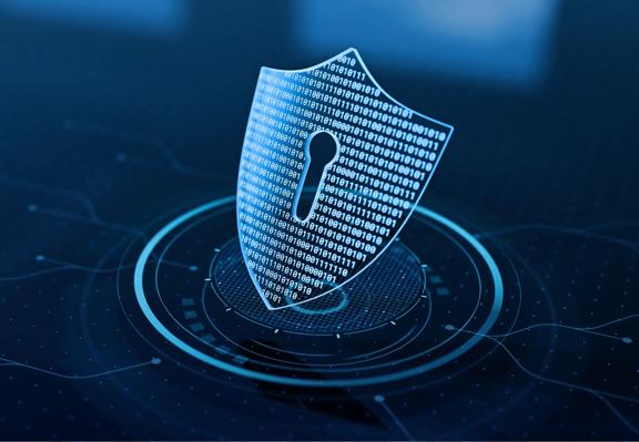 Digital security shield with keyhole icon representing cybersecurity and data protection