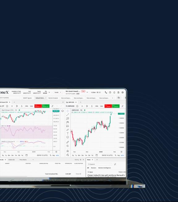 Laptop displaying the Web Trader platform with live charts and market analysis tools