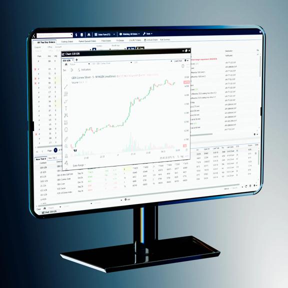 Desktop monitor showing the WebOE browser-based trading platform with order book and chart