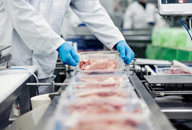 Worker in gloves and lab coat handling packaged raw meat on a food processing line