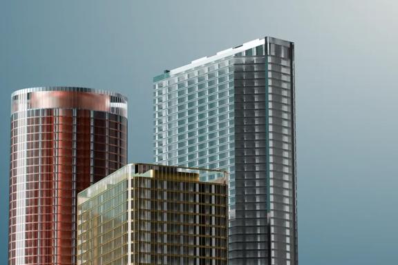 Glass skyscrapers in copper, silver and gold on a teal background