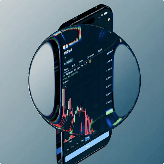 Mobile displaying a financial trading app with market charts, portfolio data, and real-time investment performance metrics.