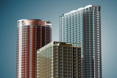 Glass skyscrapers in copper, silver and gold on a teal background