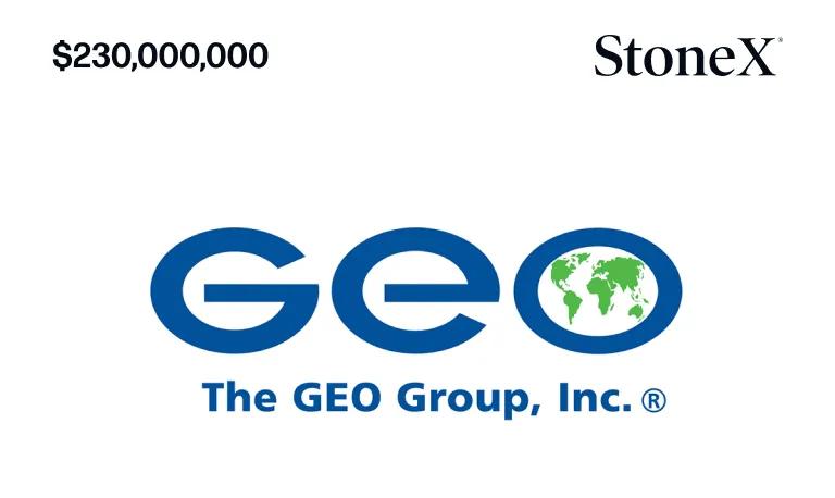 Logo of The GEO Group, Inc. with $230,000,000 and StoneX branding above
