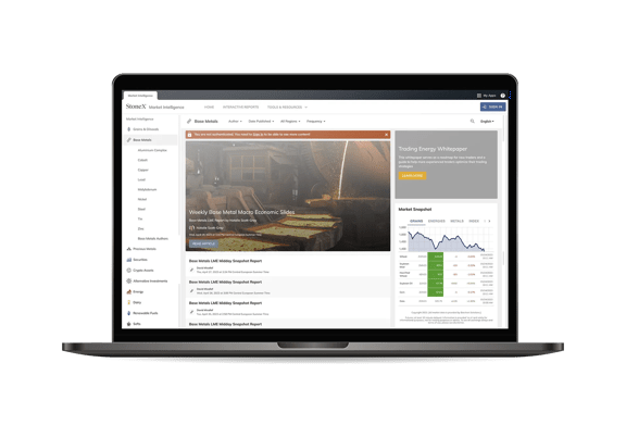 StoneX Market Intelligence platform showing financial reports and tracking energy trends with charts and data