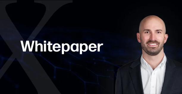 Smiling professional next to the word Whitepaper on a dark background with subtle X design