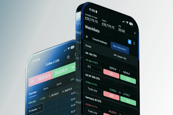 Smartphones displaying a mobile trading application with watchlists, live CFD prices, buy and sell quotes, market data, and trading tools for monitoring global financial markets.