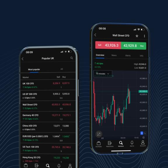 Two smartphones displaying a trading app with market lists on one screen and a candlestick chart on the other.
