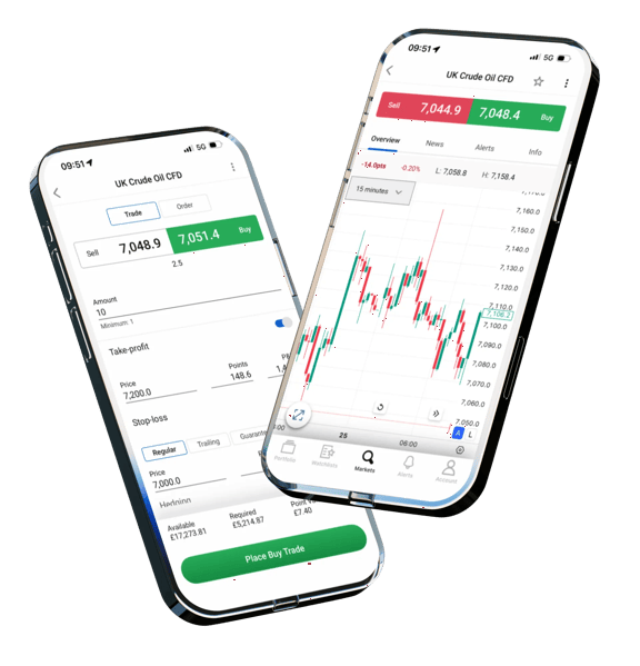Two phone screens showing a UK crude oil price chart and trade entry data within a trading app.