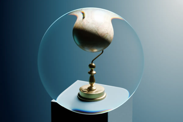 Magnifying glass on a small globe sitting on a pedestal on a teal background
