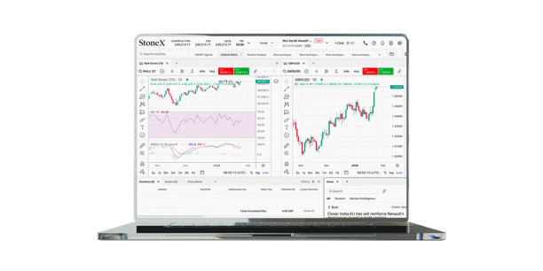 A laptop displaying a web trading platform with two market charts shown side by side.