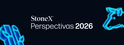 Banner da StoneX com o texto “Perspectivas 2026", acompanhado de ícones em azul representando economia e mercado financeiro.