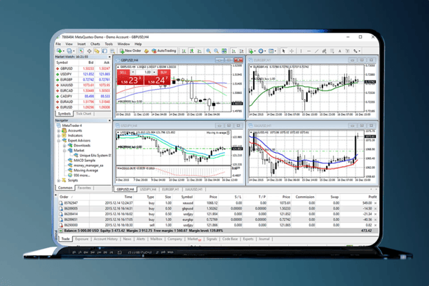 MetaTrader trading platform displayed on a laptop screen featuring multiple forex charts, market watchlists, technical indicators, trade history, and real time pricing data for analysing financial markets.