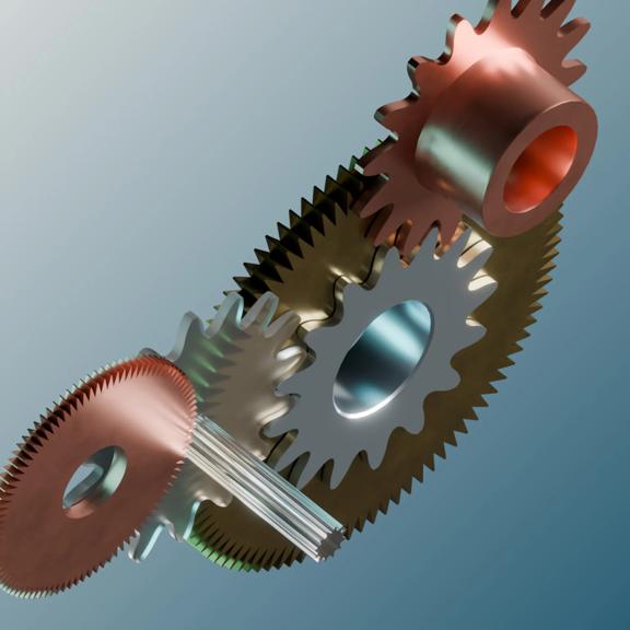 Gold, silver and copper coloured cogs on a teal background