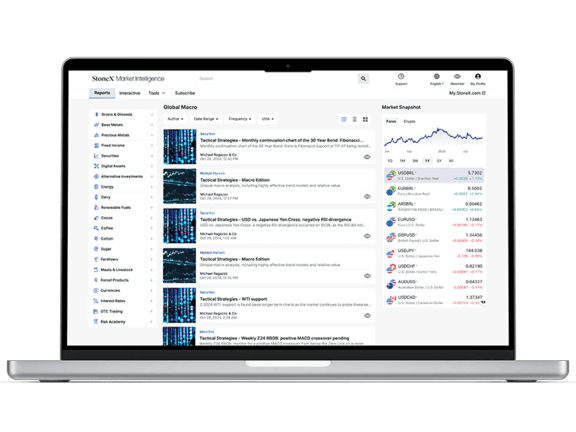  StoneX Market Intelligence platform on laptop showing global macro research reports, forex market snapshot, and real-time currency data