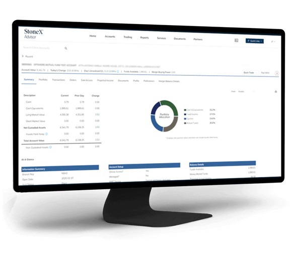 Screenshot of the StoneX Advisor desktop interface displaying portfolio summary, asset allocation pie chart, and account details.