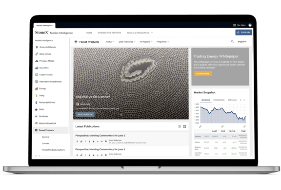 Screenshot of StoneX Market Intelligence platform displaying forest products market data and trading insights.