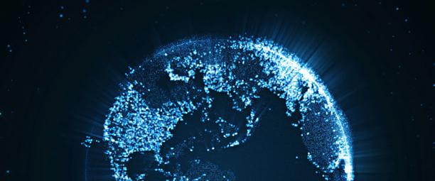 Renderização digital da Terra iluminada por pontos de dados brilhantes que representam a conectividade global