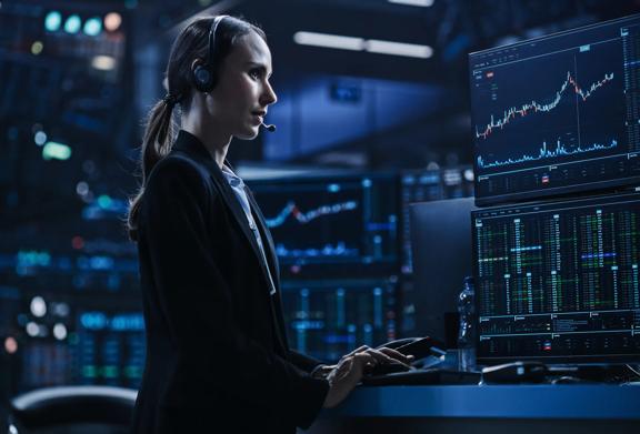 Professional woman wearing headset looking at multiple screens