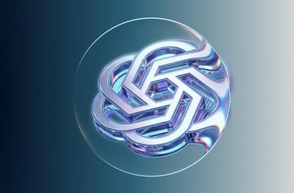 OpenAI ChatGPT logo displayed in a glossy transparent sphere on a blue gradient background.