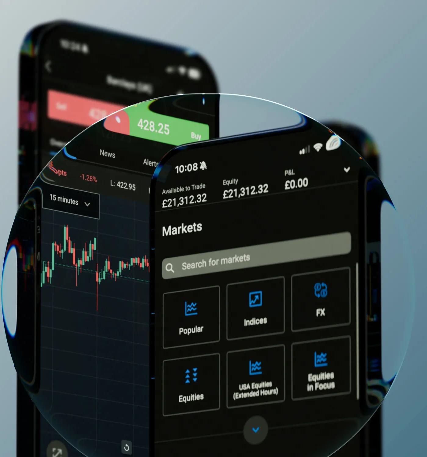 Mobile trading platform displaying live market charts, prices, and trading tools on a smartphone screen.