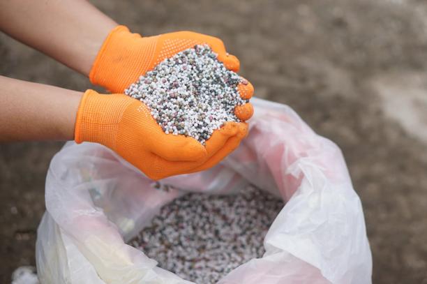 Mãos com luvas laranjas segurando grânulos de fertilizante sobre um saco aberto, representando nutrição do solo e produção agrícola.