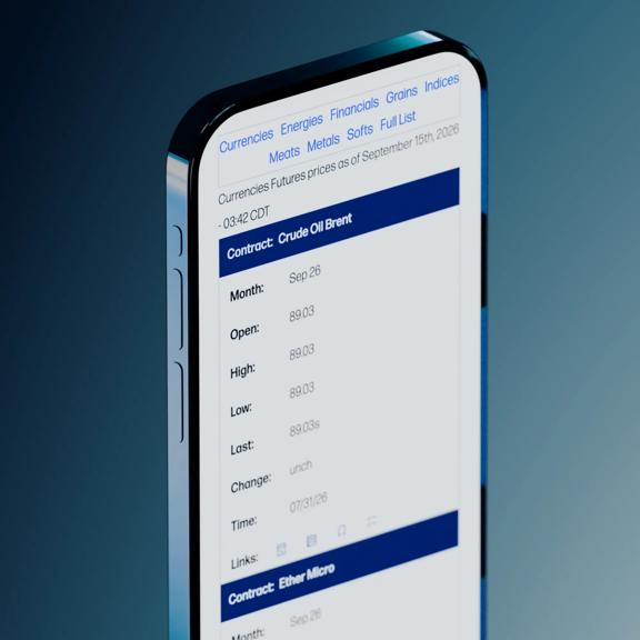 StoneX Futures mobile quotes page displaying futures contract prices, market categories and pricing details.