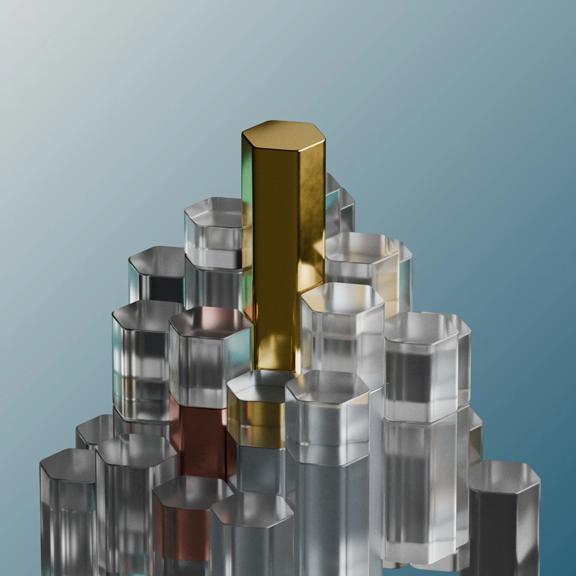 Cluster of 3D blocks with a gold block rising in the center on a teal background