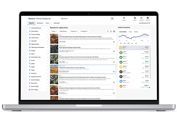 Laptop screen displaying StoneX Market Intelligence platform with Agriculture Insight