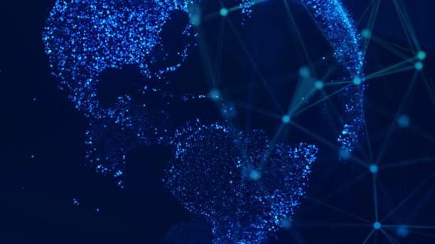 Abstract digital globe formed by glowing blue dots and connecting network lines against a dark blue background.