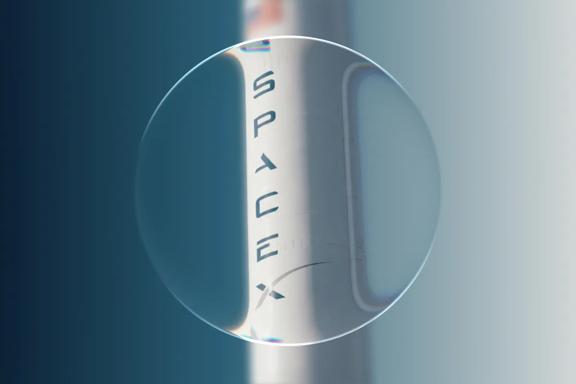 Close-up view of a SpaceX rocket body and window against a dark blue gradient background.