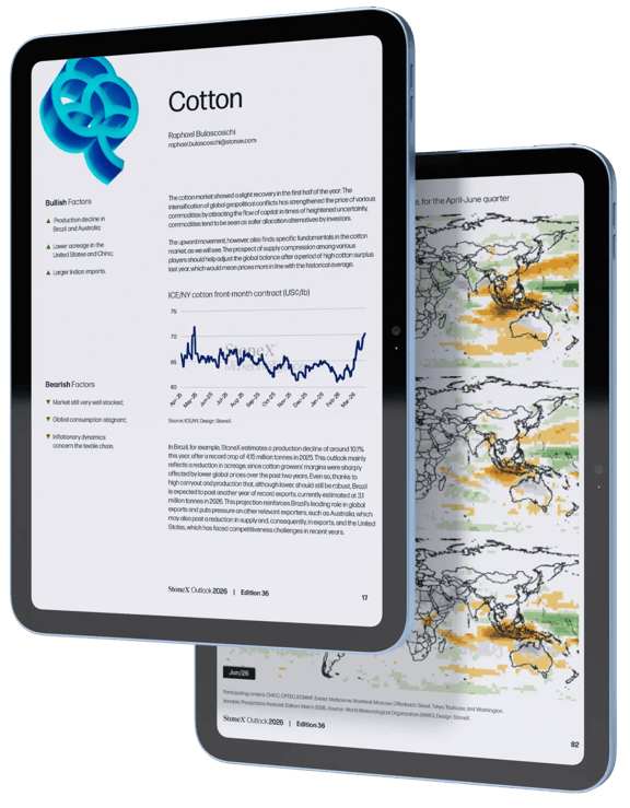 StoneX Outlook 2026 cotton market analysis displayed on two tablet screens with charts and forecasts.