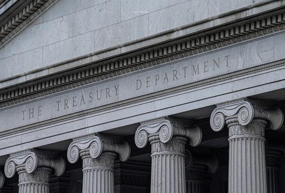Facade of the U.S. Treasury Department building with classical columns in Washington, D.C.