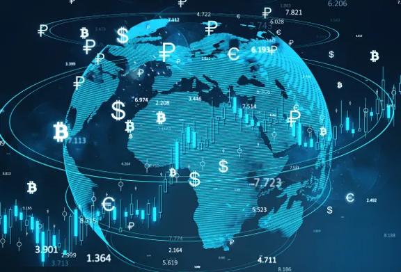 Globo digital com símbolos de moedas e criptomoedas representando o sistema financeiro global