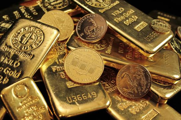 Gold bullion bars and gold coins